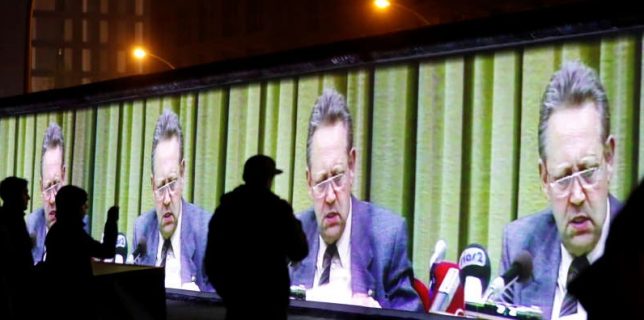 Historic video footage from former official of the Socialist Unity Party of Germany Guenter Schabowski is projected during a rehearsal with 3D video beamers on the East Side Gallery, the largest remaining part of the former Berlin Wall, in Berlin