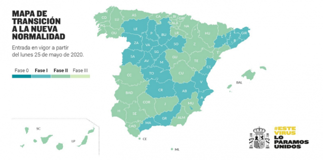 España Mapa de transición a la nueva normalidad – Fase 1 y Fase 2
