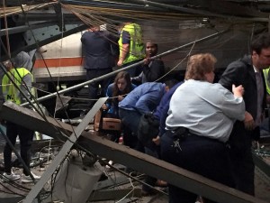 HOBOKEN, NJ - SEPTEMBER 29:  Passengers rush to safety after a NJ Transit train crashed in to the platform at the Hoboken Terminal September 29, 2016 in Hoboken, New Jersey. (Photo by Pancho Bernasconi/Getty Images)