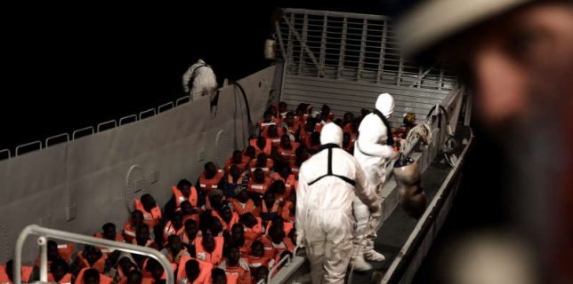 Migrants are rescued by staff members of the MV Aquarius, a search and rescue ship in the central Mediterranean Sea